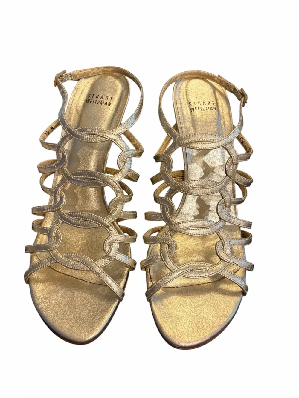 Stuart Weitzman Metallic Gold Multi-Strap stiletto Sandals with ankle wrap